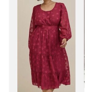 NWT Torrid Plus Burgundy Star Print Tiered Chiffon Midi Dress, Pockets - 1X